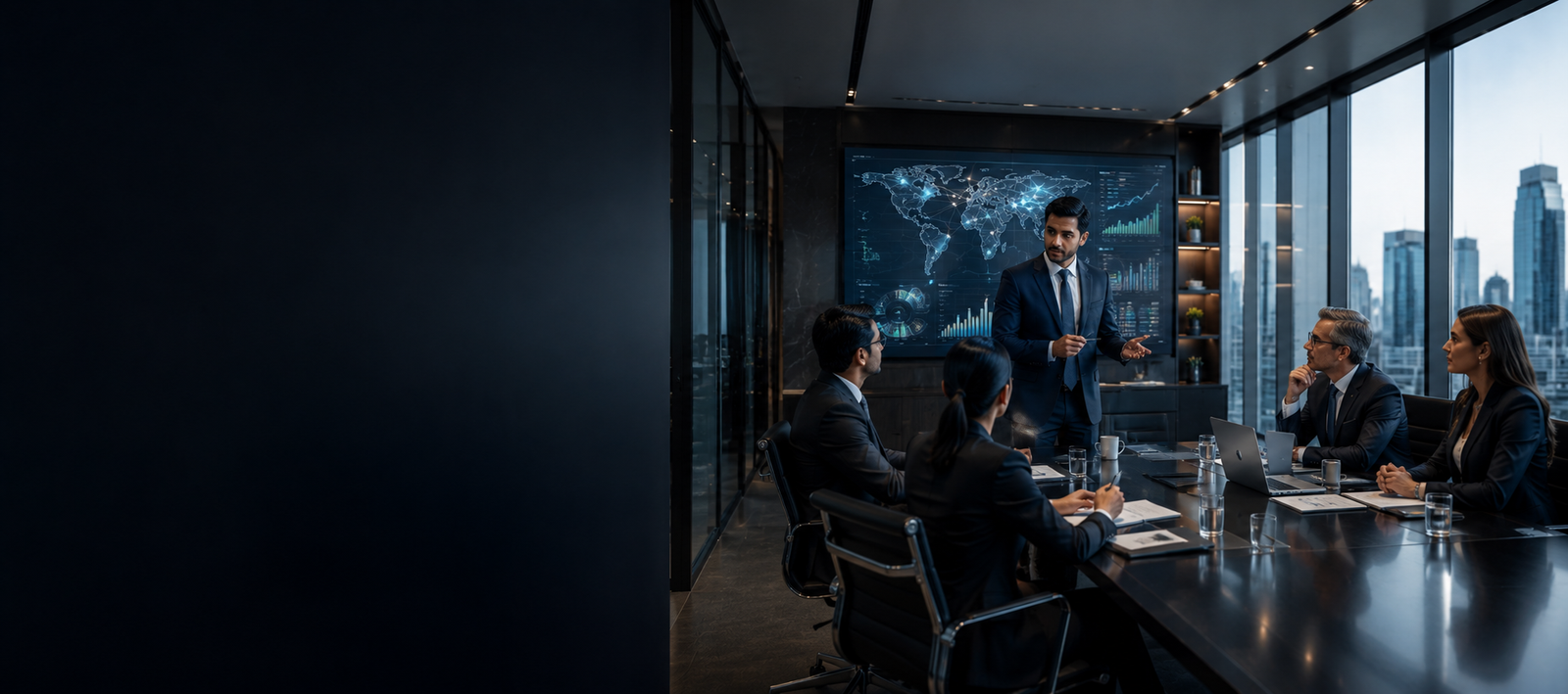 Senior business executives discussing strategy and market intelligence in a premium corporate environment