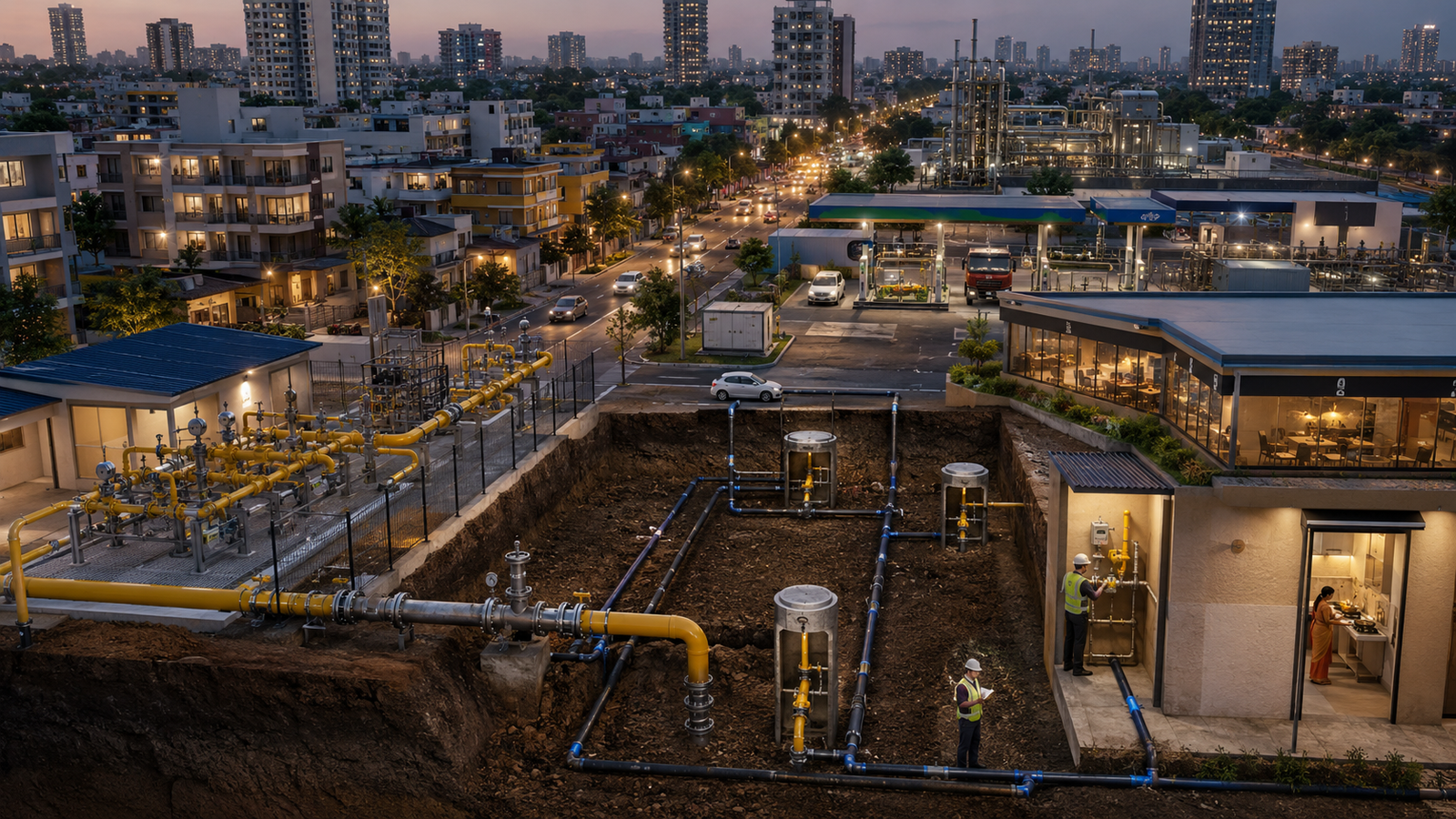 Indian City Gas Distribution network showing City Gate Station, steel pipeline, DRS, MDPE network, domestic, commercial, industrial and CNG connections